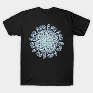 Mushroom mandala in blues and greys with a white glow T-Shirt